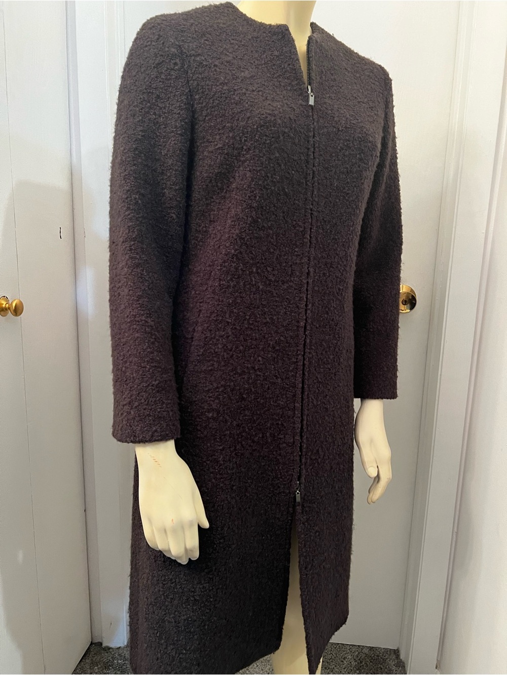 Anne Klein Dark Brown Bouclé Zip-Front Long Sleeve Dress